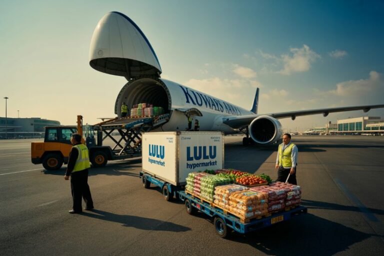 Cargo plane with its side door open, two workers in safety vests unload pallets of groceries labeled Lulu Hypermarket from a wheeled platform at the tarmac.