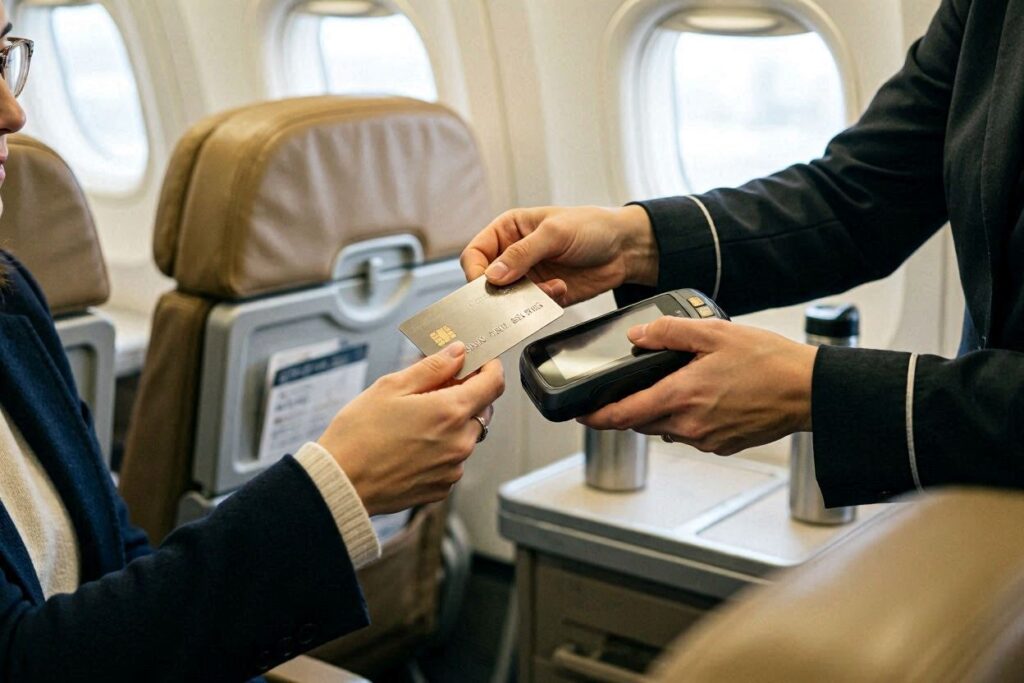 Passenger pays with card using a handheld reader in an airplane cabin atmosphere