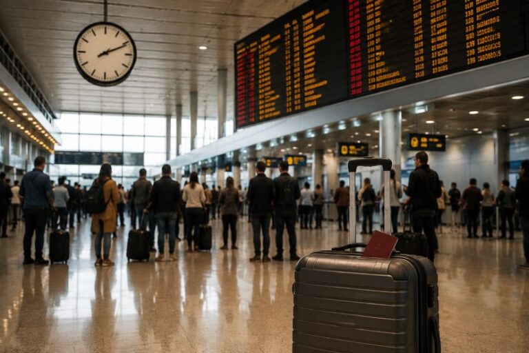 Crowded airport terminal with a large flight information board and a rolling suitcase in the foreground.