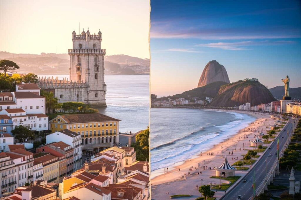 Split image: Lisbon's Belem Tower along the river on the left, and Rio de Janeiro's Sugarloaf Mountain and Copacabana Beach on the right.