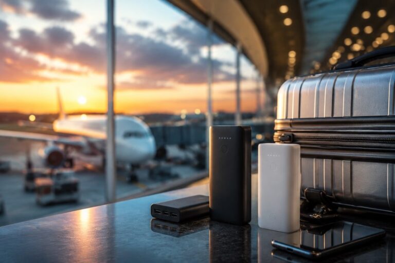 Airport scene: luggage and charging devices on a counter with a plane outside at sunset.