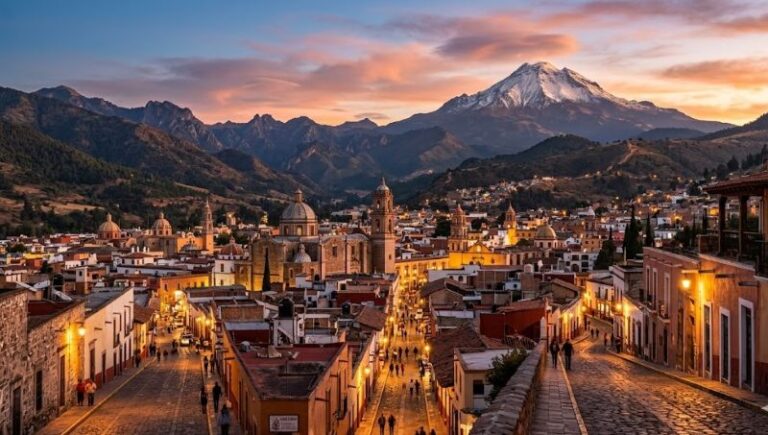 Sunset over a mountain town with domed churches, narrow cobblestone streets, and warmly lit buildings.
