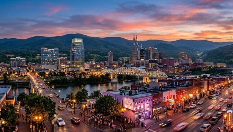 City skyline at sunset along a river, with a lit bridge and busy riverfront street lined with colorful storefronts.