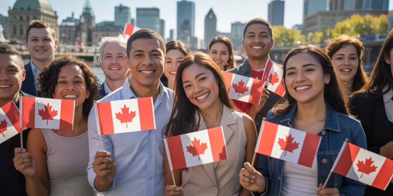 Diverse group of smiling young adults outdoors, waving small Canadian flags against a city skyline backdrop.