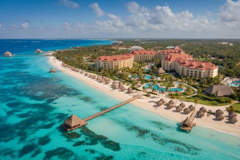 Aerial view of a tropical resort with red-roofed villas, palm trees, and a white-sand beach, connected by a wooden pier with thatched huts over turquoise water.