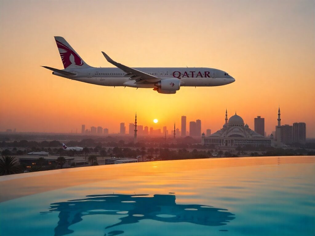 Qatar Airways jet flying over Doha at sunset with the city skyline and a mosque in the background, reflected in a pool below