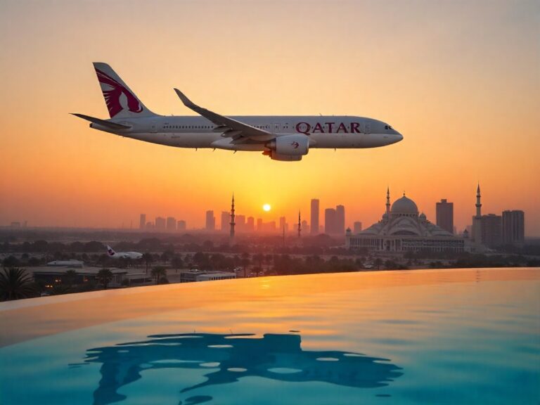 Qatar Airways jet flying over Doha at sunset with the city skyline and a mosque in the background, reflected in a pool below