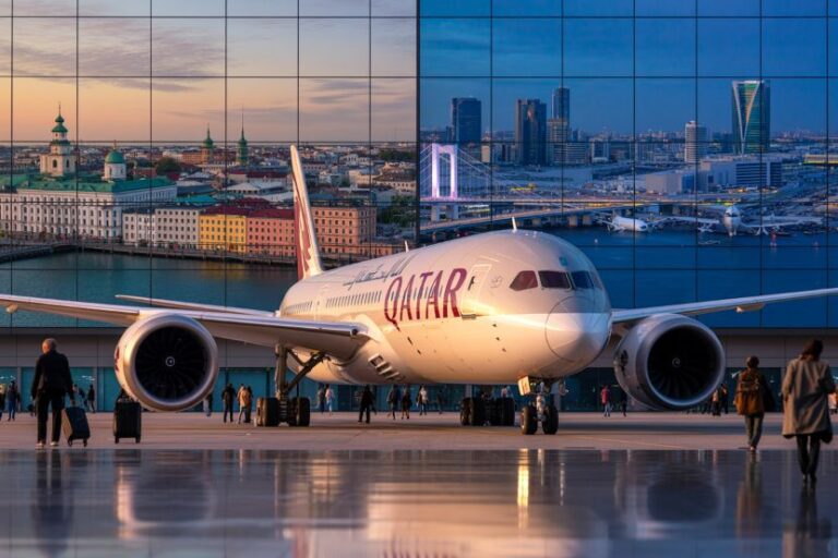 Qatar Airways jet on the tarmac at an airport, with a modern glass building and city skyline in the background and passengers nearby.