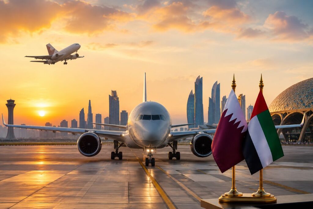 Front view of a large jet on a sunlit runway at dawn, with a modern city skyline in the background and Qatar and UAE flags in the foreground.