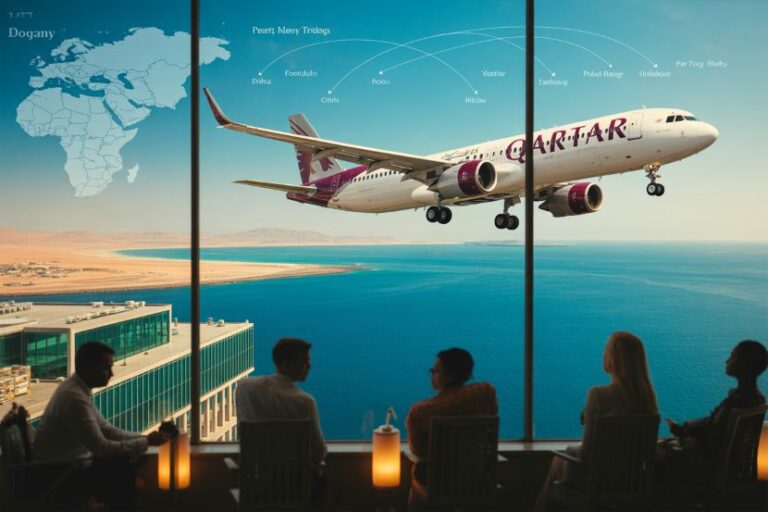 Five passengers silhouetted in an airport lounge watch a Qatar Airways jet fly low past a large window over the ocean.