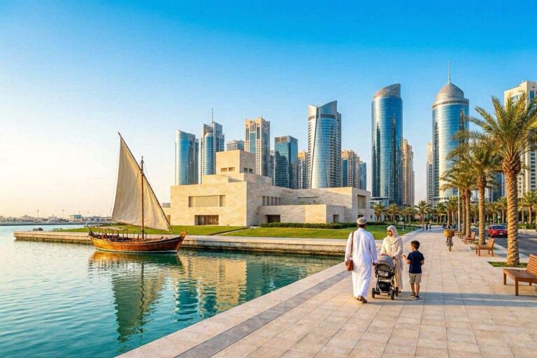 Family strolling along a sunny waterfront promenade with a wooden sailing boat on calm water and modern skyscrapers in the background.