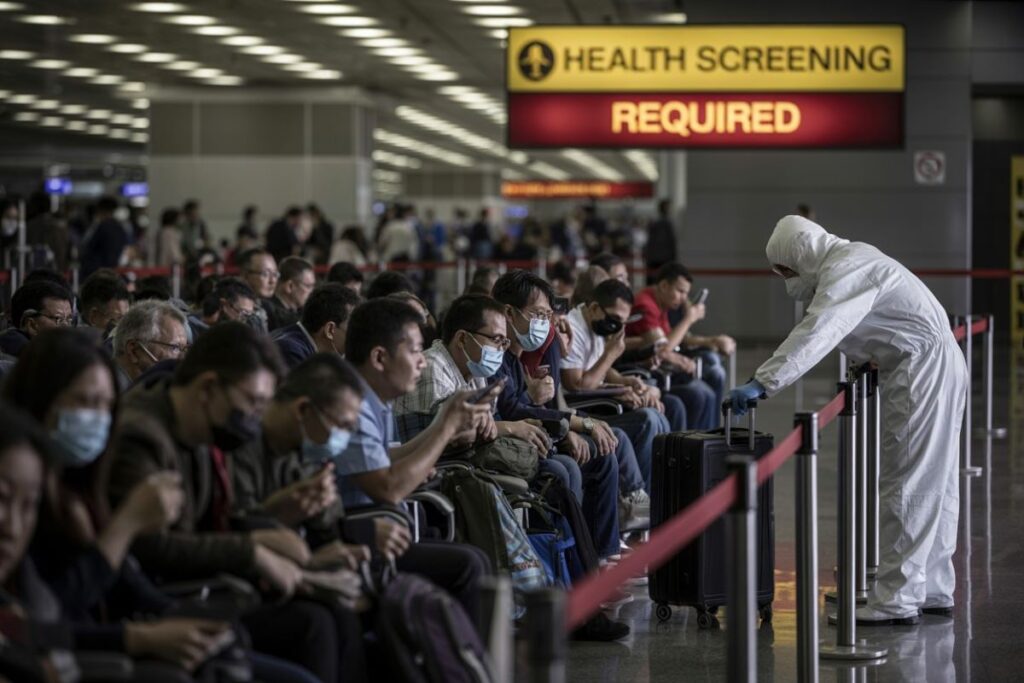 Line of passengers wearing masks sit in an airport health screening area as a staff member in full protective gear handles a suitcase at the barrier.