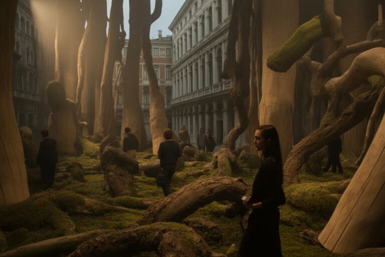 Indoor courtyard with large trees and mossy ground, visitors walking among exposed roots near arched colonnades and buildings behind them.