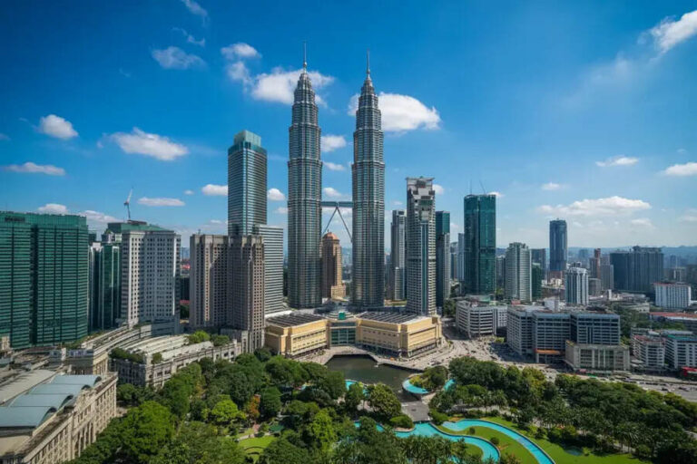 Aerial view of Kuala Lumpur's skyline with the Petronas Twin Towers and modern skyscrapers against a blue sky, with a green park in the foreground.