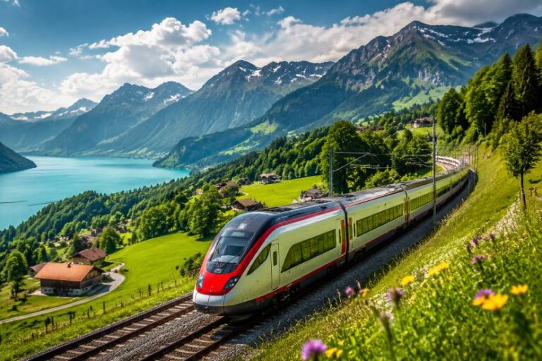 High-speed train winds along a hillside track beside a turquoise lake and snow-capped mountains in the distance.