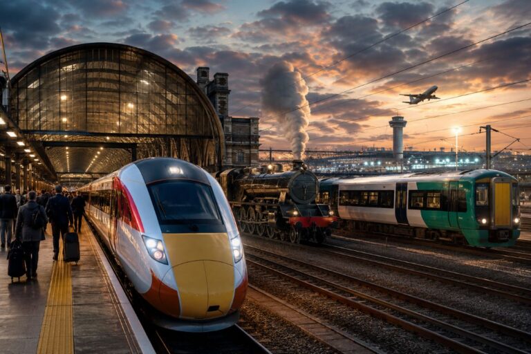 Modern high-speed train at a station platform at sunset, with a steam locomotive and a green passenger train on adjacent tracks.