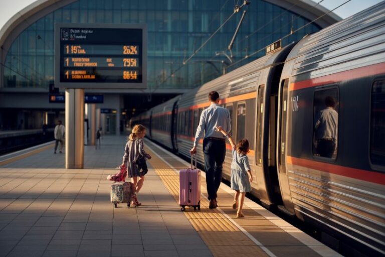 Father and two young daughters with rolling suitcases on a train platform beside a silver passenger train.