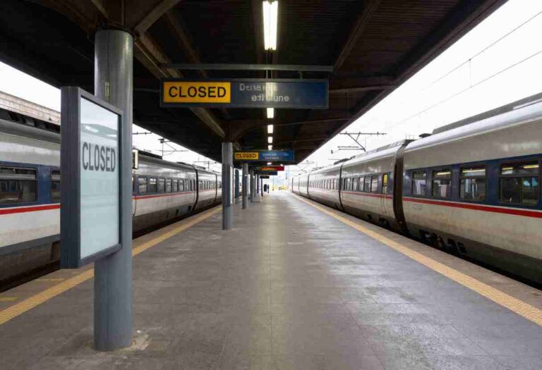 Empty train platform between two long trains, with prominent 'CLOSED' signs overhead.