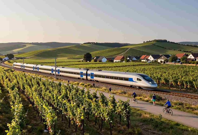 Modern white and blue high-speed train traveling through a vineyard-filled countryside with green hills in the background.