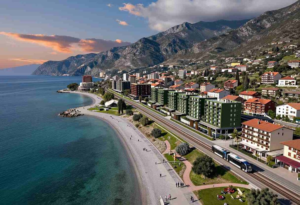 Coastal town with a curved pebble beach, turquoise sea, and a park beside tram tracks running past green apartment blocks, mountains in the background.