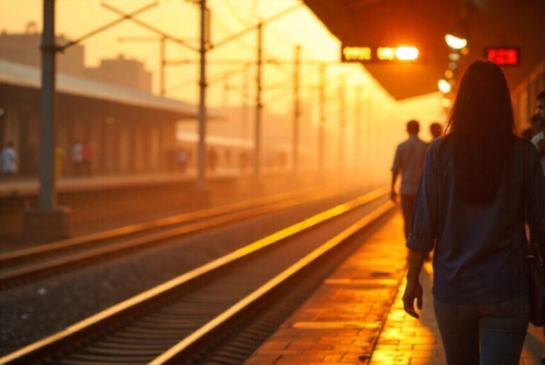 Passengers walk along a sunlit train platform at sunset, tracks glowing orange in the fading light.