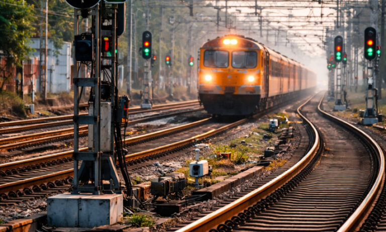 Yellow electric commuter train approaching on curved tracks with signal lights in view near the front of the scene.