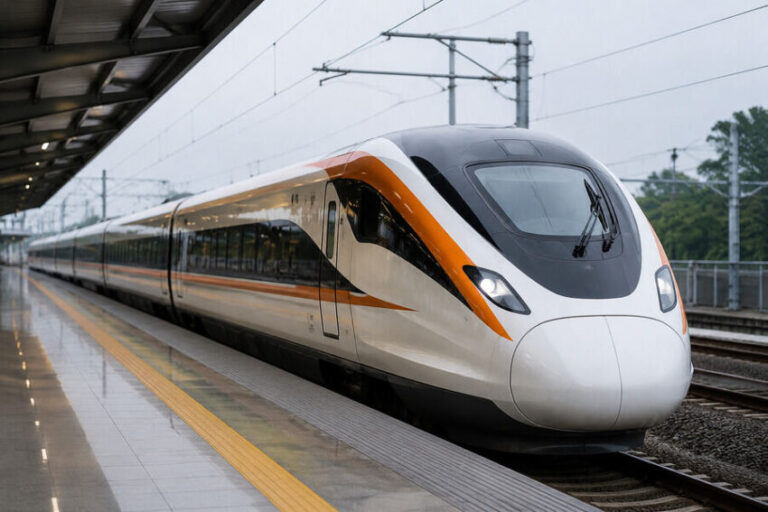 High-speed passenger train at a station, white with orange stripe and a streamlined front nose, beside a platform edge with tactile paving.