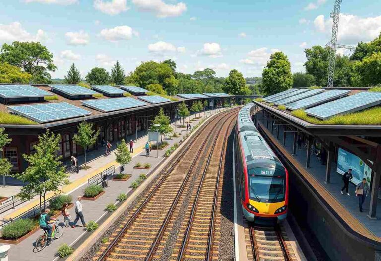 Train arriving at a sunlit suburban station with green trees and solar-paneled roofs on the platforms