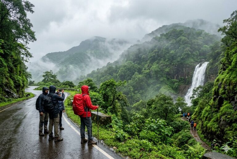 Hikers in rain jackets on a wet mountain road overlooking a canyon with a waterfall and misty green peaks.