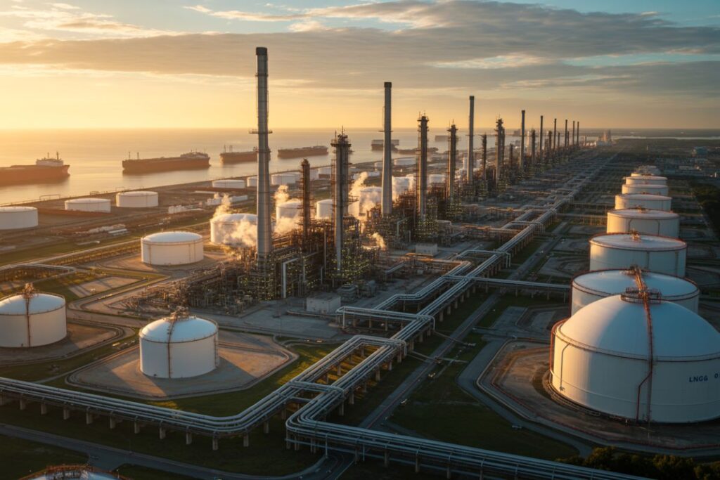 Wide view of an oil refinery by the sea at sunset, with numerous white storage tanks, tall distillation towers, and extensive pipelines stretching toward the horizon.