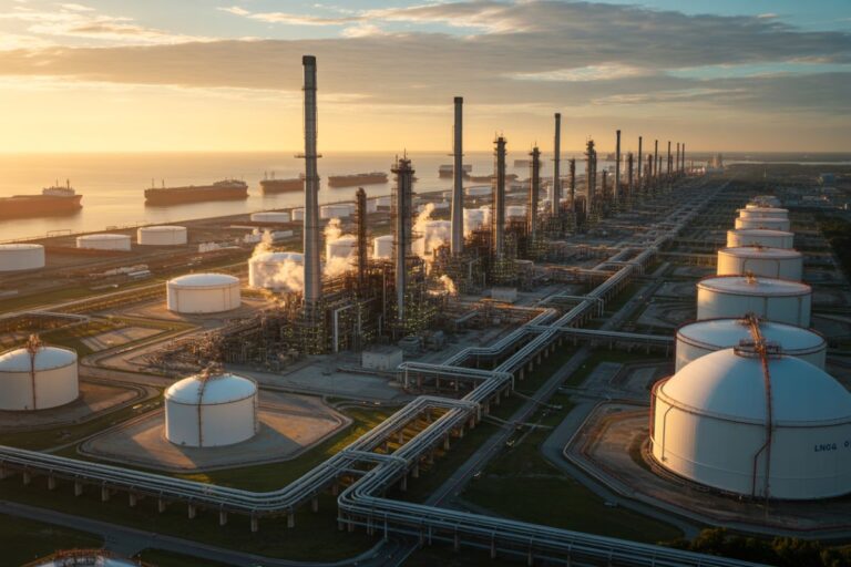 Wide view of an oil refinery by the sea at sunset, with numerous white storage tanks, tall distillation towers, and extensive pipelines stretching toward the horizon.