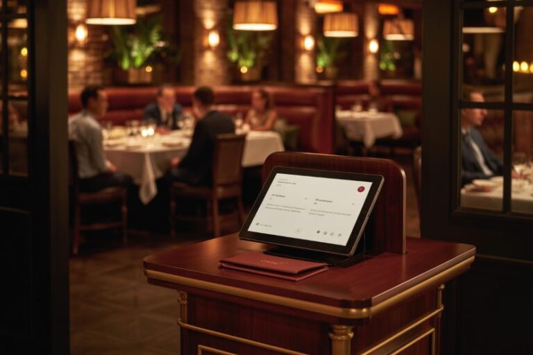Tablet displaying a menu on a dark wood podium in a warmly lit restaurant, with diners in the background.
