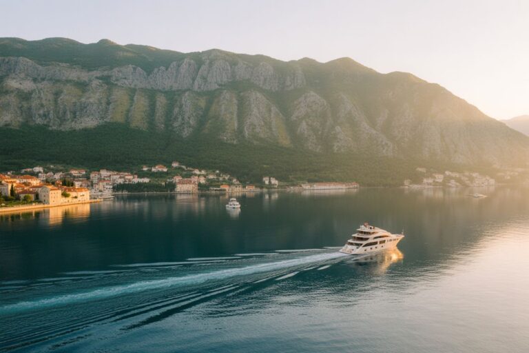 Yacht cruising on calm blue sea past a coastal town with mountains in the background at sunset.