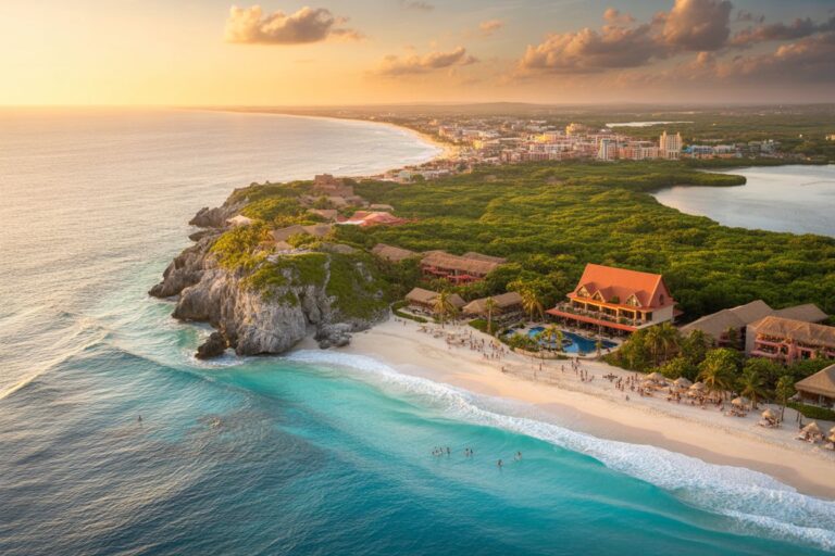 Overhead view of a tropical beach resort at sunset: turquoise water, white sand, rocky headland, and a red-roofed hotel among green palms and huts nearby.