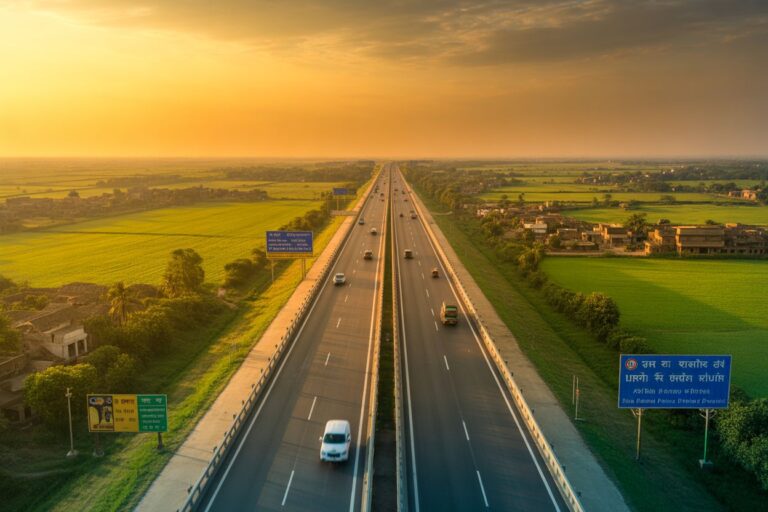 Aerial view of a long divided highway stretching toward the horizon at sunset, flanked by green fields and small villages.