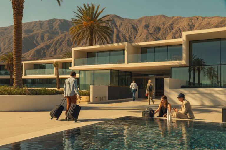 Contemporary hotel with glass-walled suites, palm trees, and mountains; guests arrive with rolling luggage at the entrance.