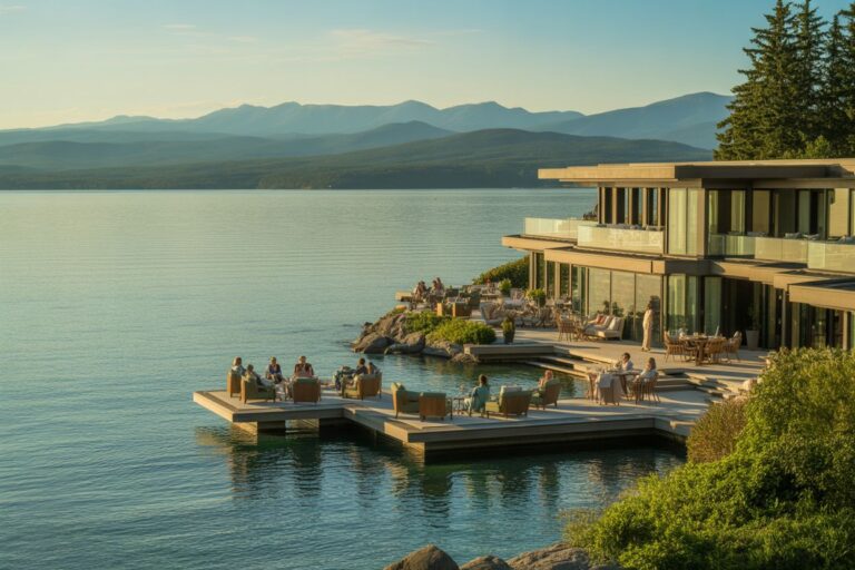 Modern lakeside resort with glass-walled restaurant perched over a calm lake and distant mountains.