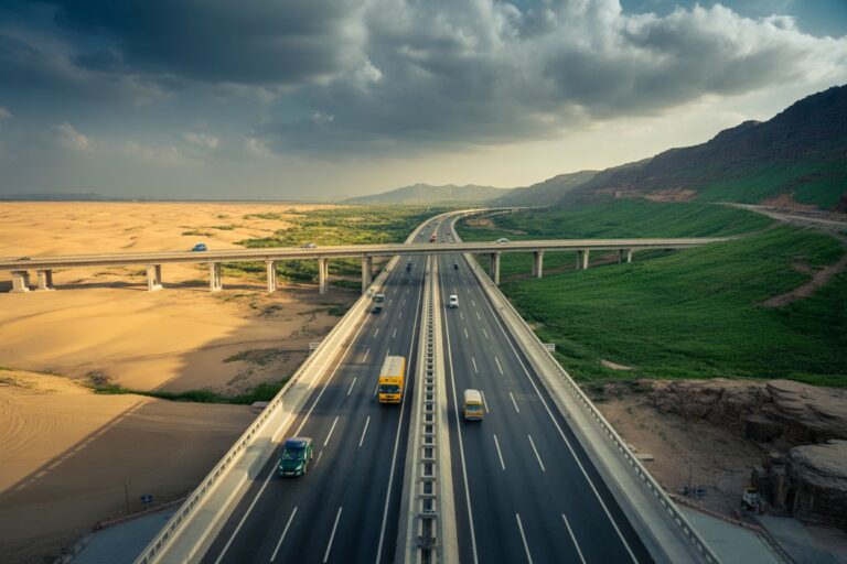 Wide highway bridge splits desert left and green hills right, with traffic in both directions.