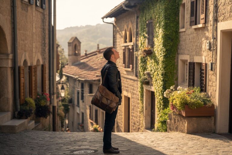 Man standing in a narrow stone street with a brown messenger bag, looking up at ivy-covered buildings in a quaint village.