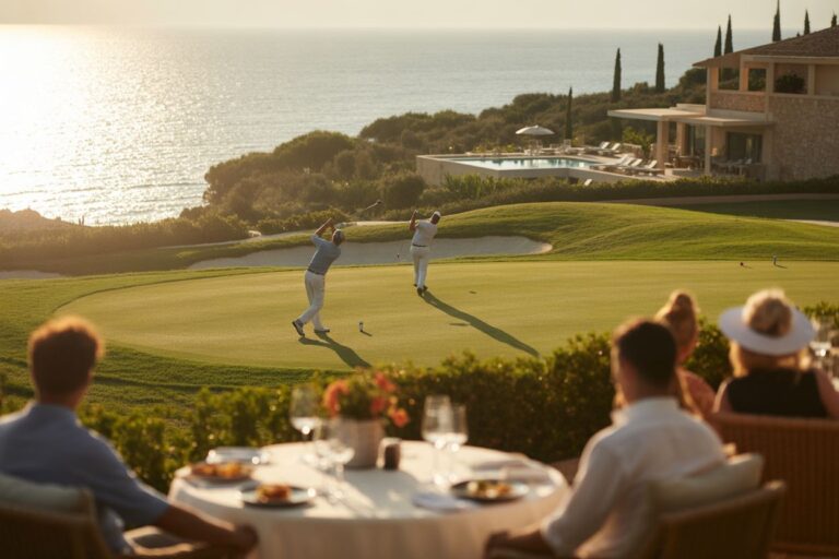 Two golfers swing on a sunlit seaside golf course while guests dine at a table in the foreground.
