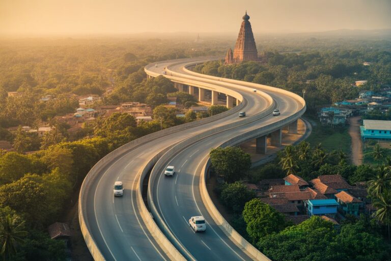 Aerial view of a winding elevated highway curving through a green landscape toward a distant temple-like tower at sunset.