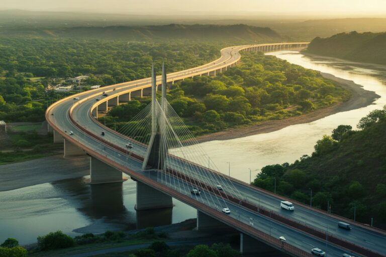 Cable-stayed bridge spanning a winding river with a curved highway and vehicles, set against green hills at sunset.