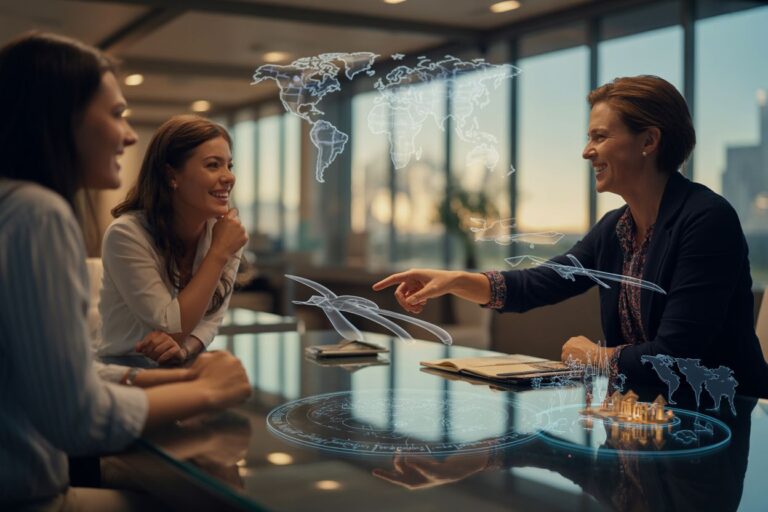 Three professionals in a modern office discuss at a glass table with a holographic world map projection above. (informative)