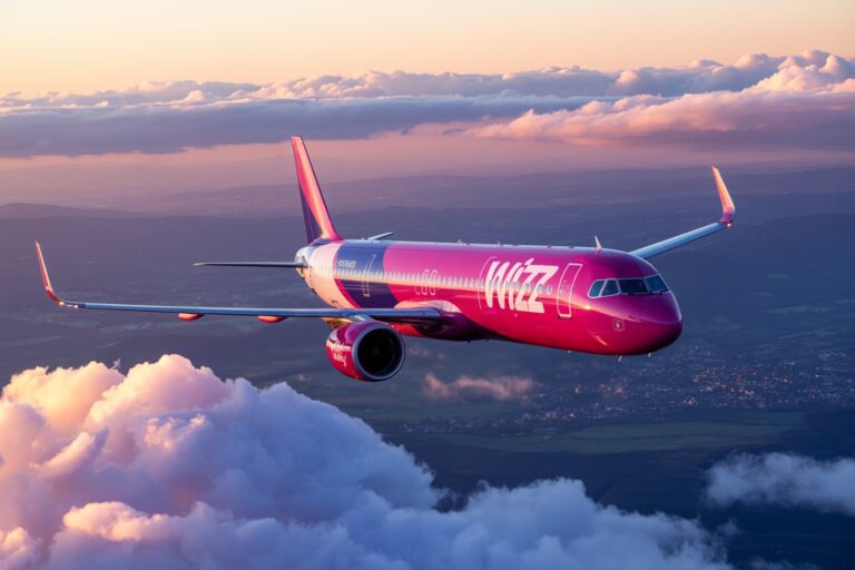 Pink Wizz Air passenger jet cruising above pink-tinged clouds at sunset.
