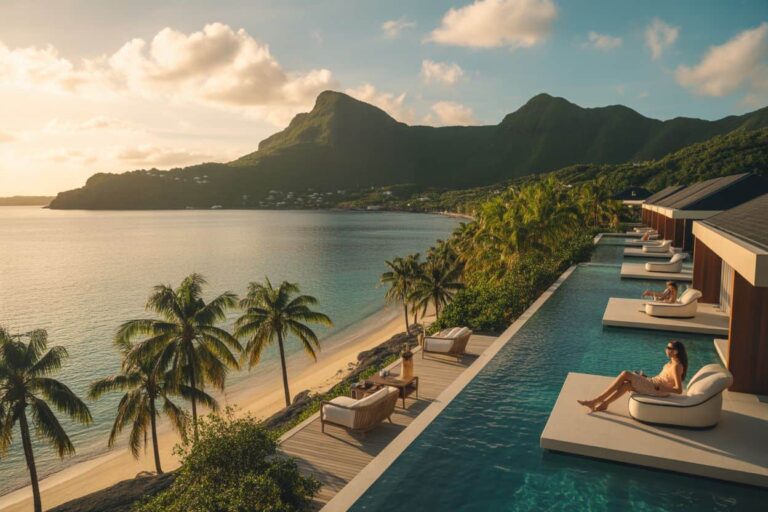 Infinity pool along a beach with palm trees and a mountain backdrop at sunset