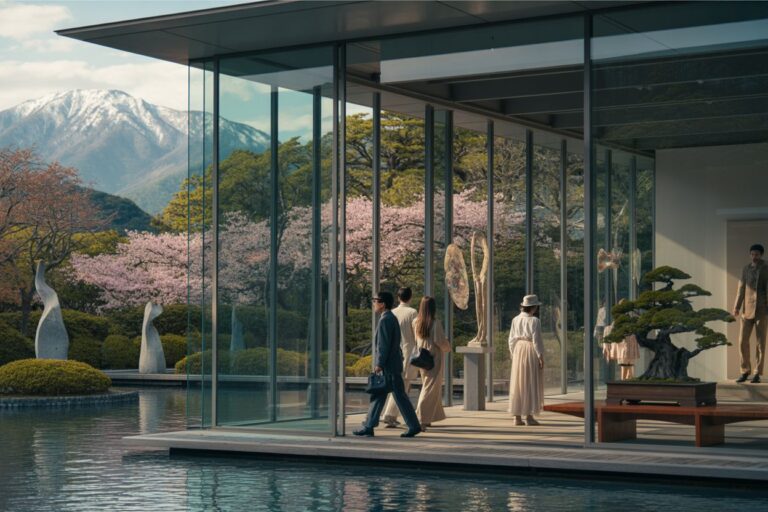 Visitors inside a glass-walled pavilion along a reflecting pool, viewing sculptures as cherry blossoms and distant mountains loom outside.