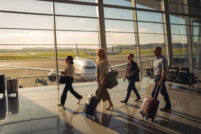 Four travelers with rolling suitcases walk through a bright airport terminal, planes visible on the runway outside the glass walls.