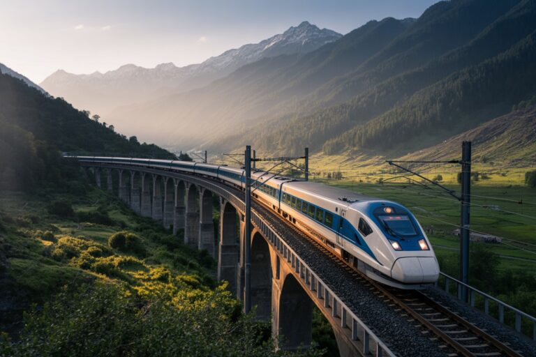 High-speed blue-and-white passenger train crossing a stone viaduct over a green valley with mountains in the distance at sunset.