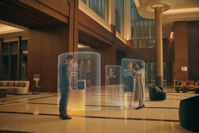 Business lobby with tall glass walls and glowing translucent holographic screens; people interact with the displays.