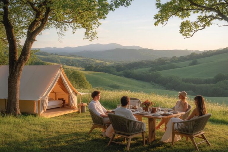 Group of five people dining at a wooden table outdoors on a grassy hillside beside a white canvas tent at sunset, with rolling green valleys in the background.